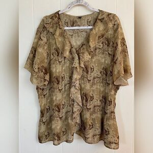 Blouse Women’s 3X Brown Paisley Ruffles Pleated Fairycore